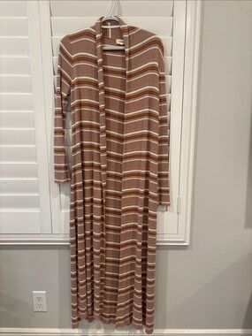 L'AGENCE Long Striped Cardigan in Mauve, White, Brown